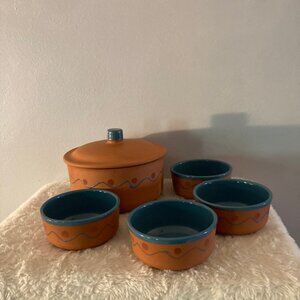 Himark Portugal Terra Cotta Blue Casserole Dish w/Lid + (4) Bowls
